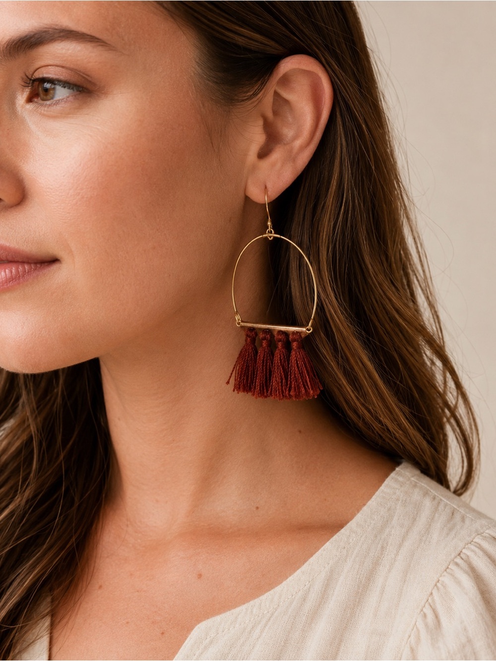Gold Brass Tone Hoop Earrings Rust Fringe Tassels Boho Tribal (Bundle‎ & Save)
